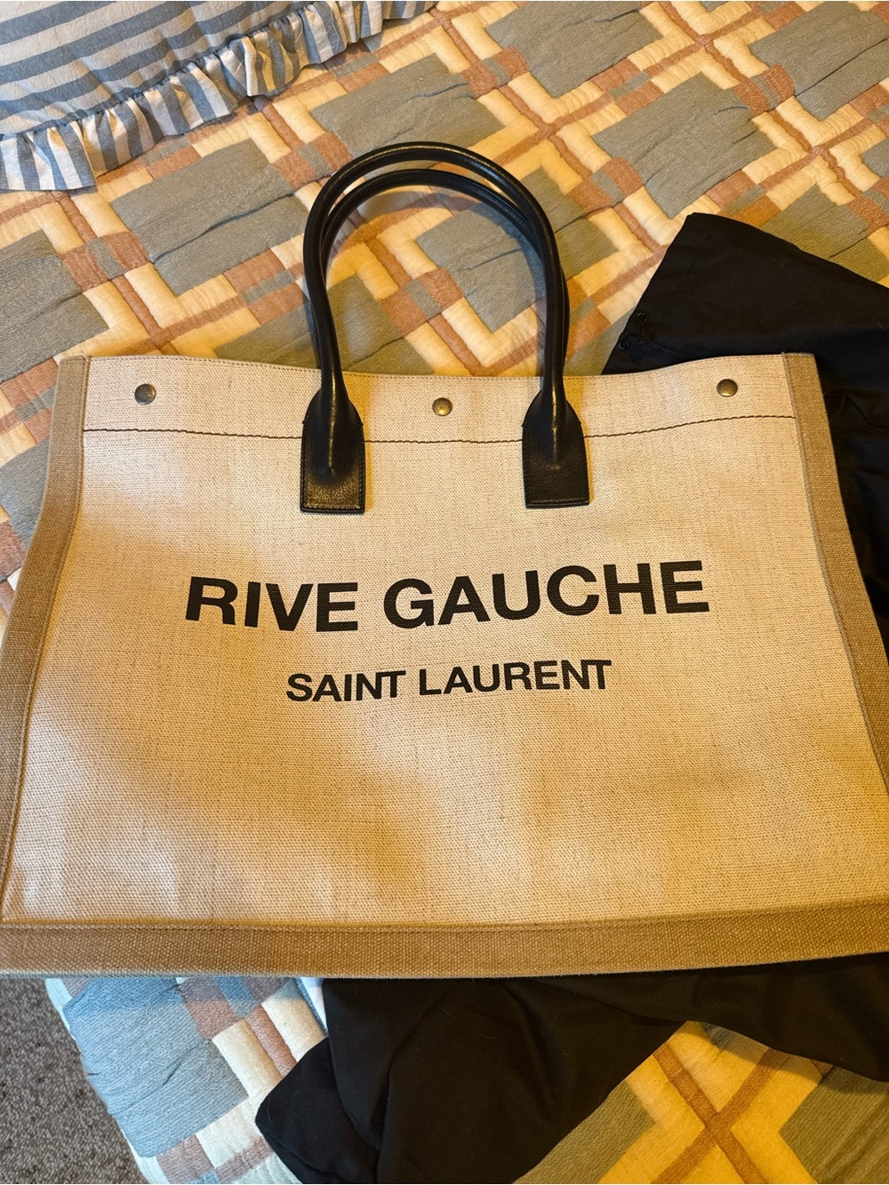 YVES SAINT LAURENT Natural Linen And Leather Rive Gauche Tote Bag